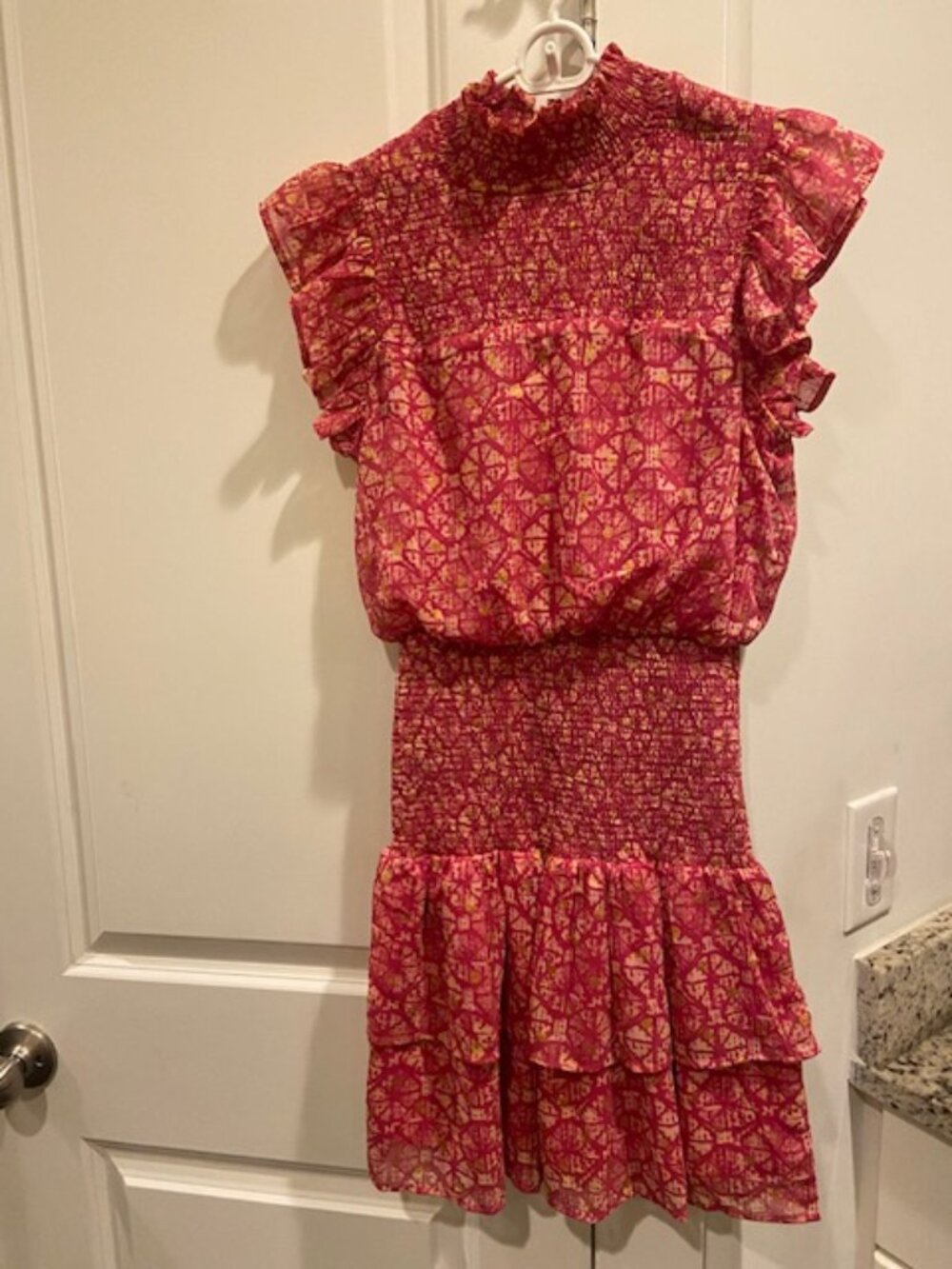 Aqua Brand Pink and Gold Print Flutter Sleeve Smocked Mini Dress XS
